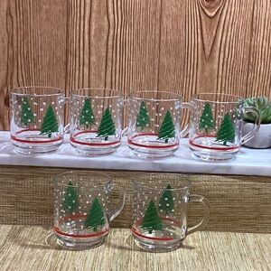 Vintage Luminarc Glass Mugs with Christmas Tree Design with Snow Lot of 6